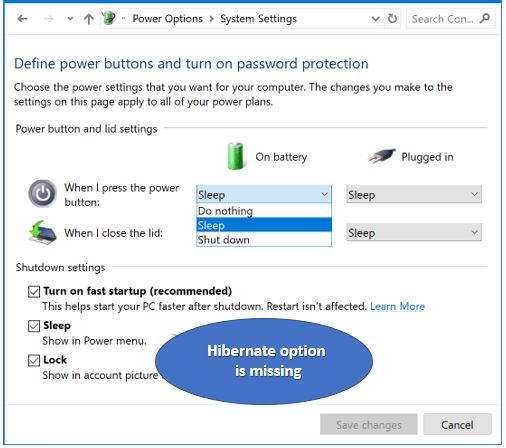 Hibernate Option Missing in Windows 10 Power Options