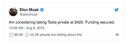 Musk announces tweets to consider privatization