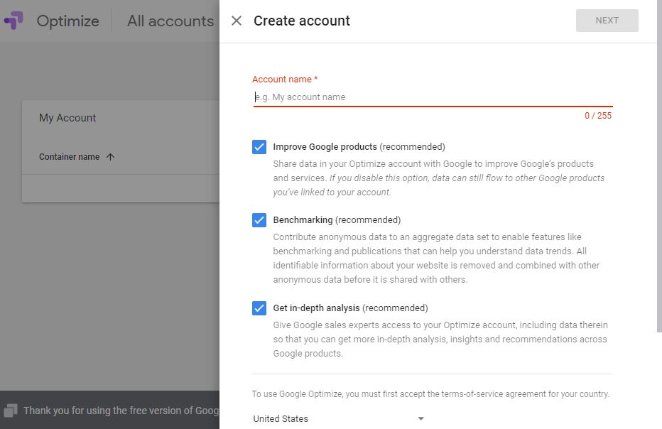 create Google optimizer account