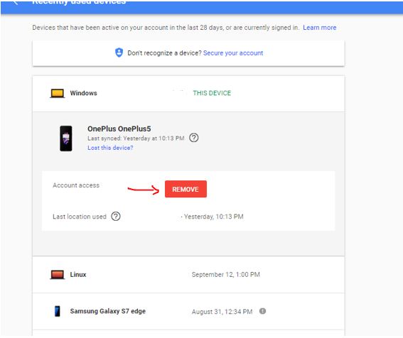 Remove all connected devices from Google account