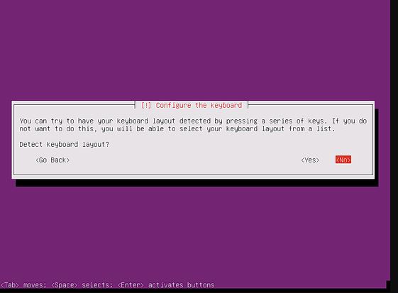 choose the keyboard layout for Ubuntu minimal server installation