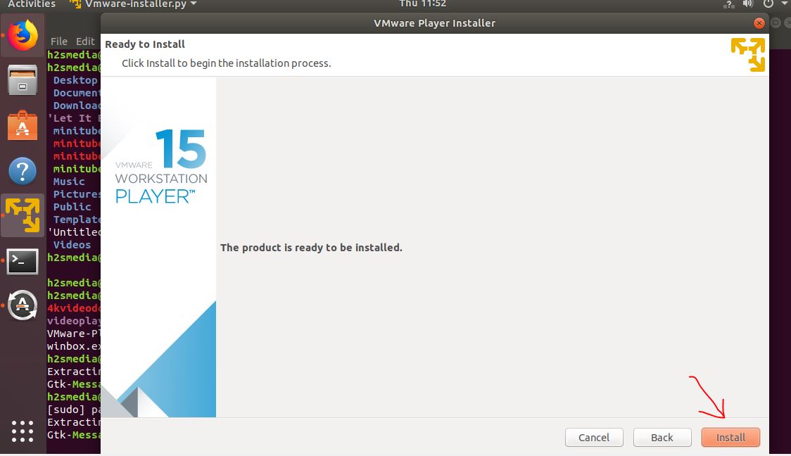 Click on Install of Vmware Workstation player Linux Ubuntu