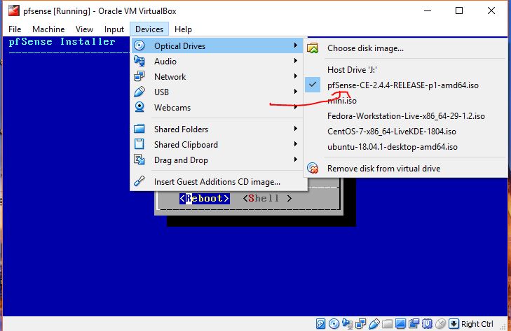 remove the pfsense installation disk from virtualbox