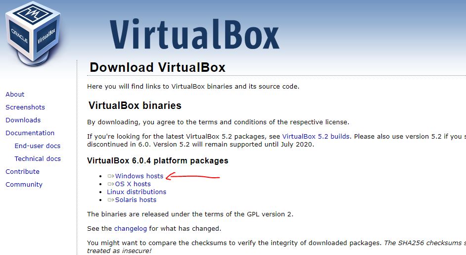 Download VirualBox for Windows 10 hosts