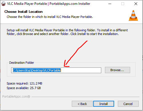 Location to install VLC portable app