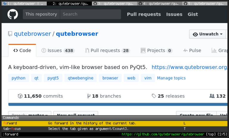 qutebrowser command based lightweight browser for linux