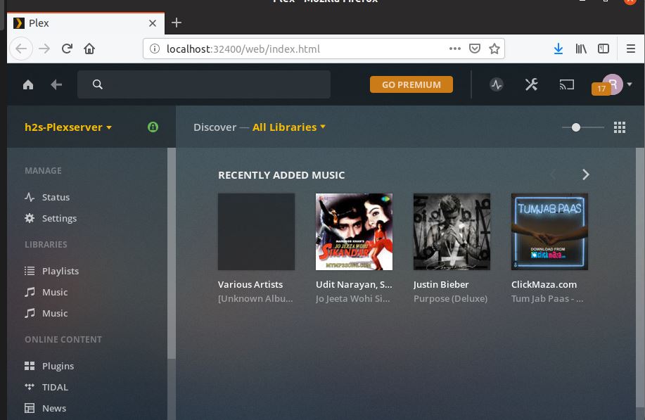 Access the music from Plex server installed on Ubuntu 19.04