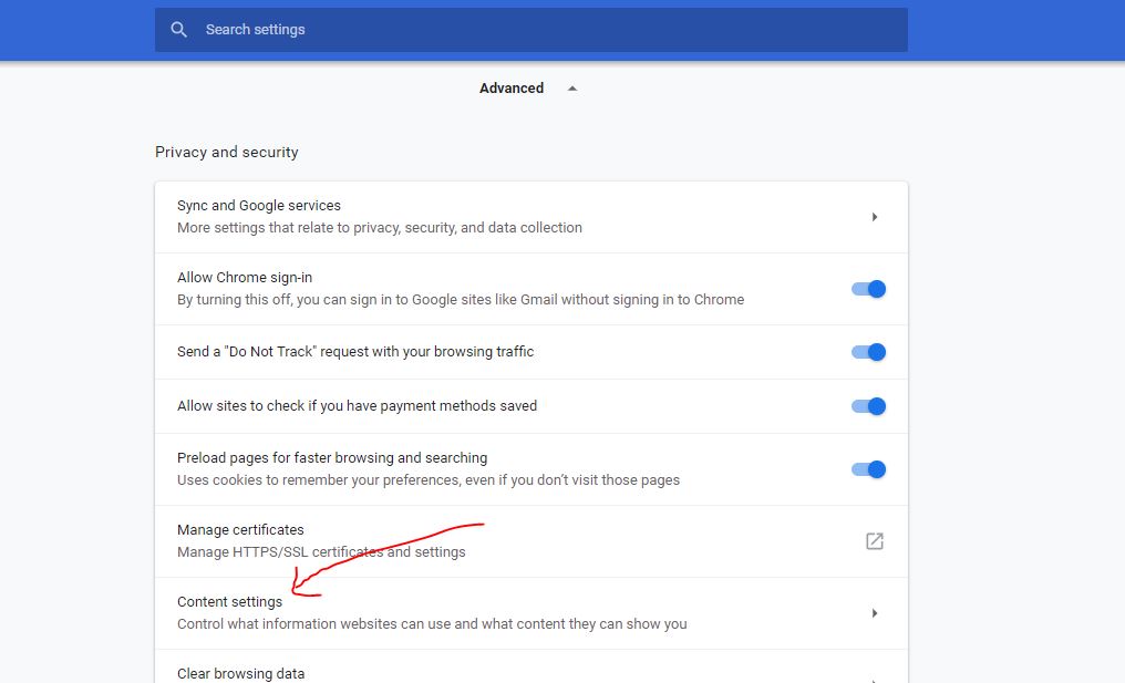 Content settings of Chrome browser