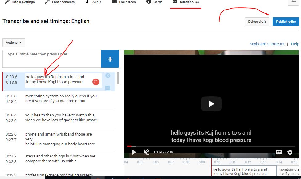 Edit the transcription Youtube and publish