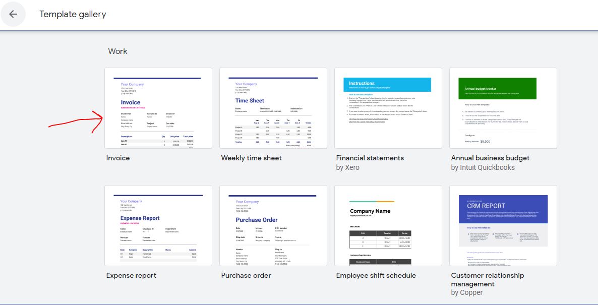 Open blank Invoice template of Google Docs spreadsheet