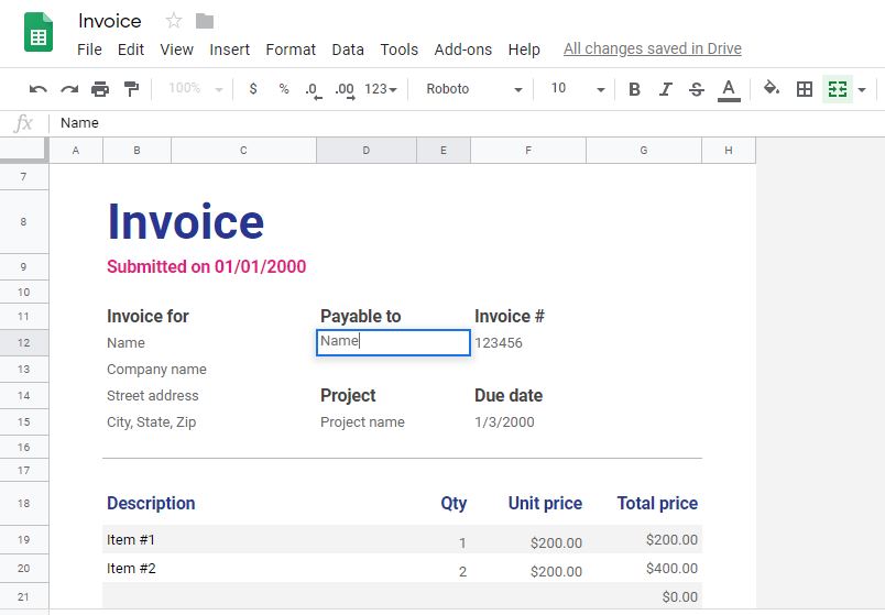 Start editing Google sheets invoice