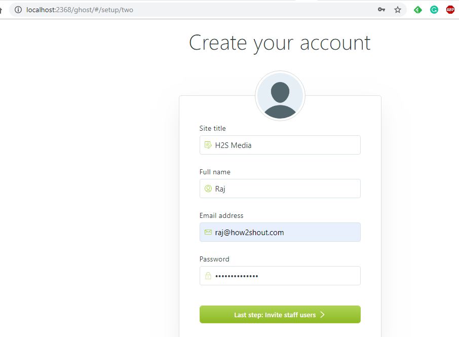 Create your Ghost admin account
