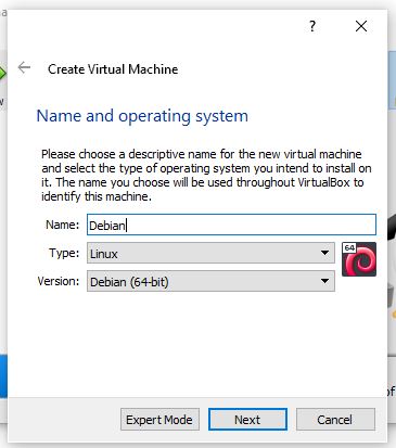 Nom créé machine virtuelle Debian