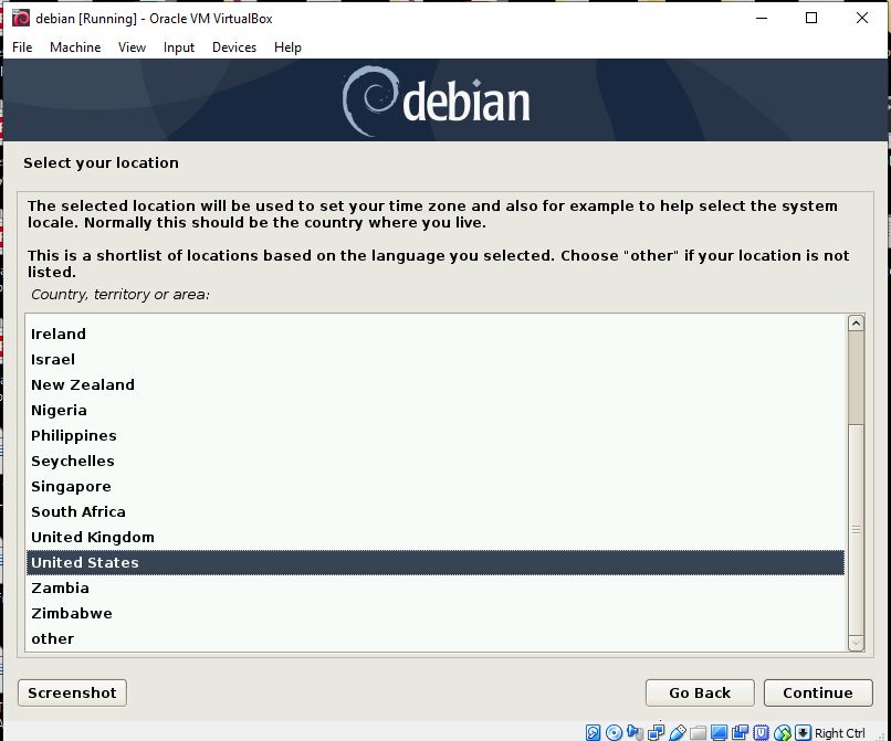 Select country for Debian 10 install