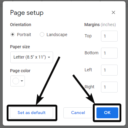 Set as default page size in Google DOcs