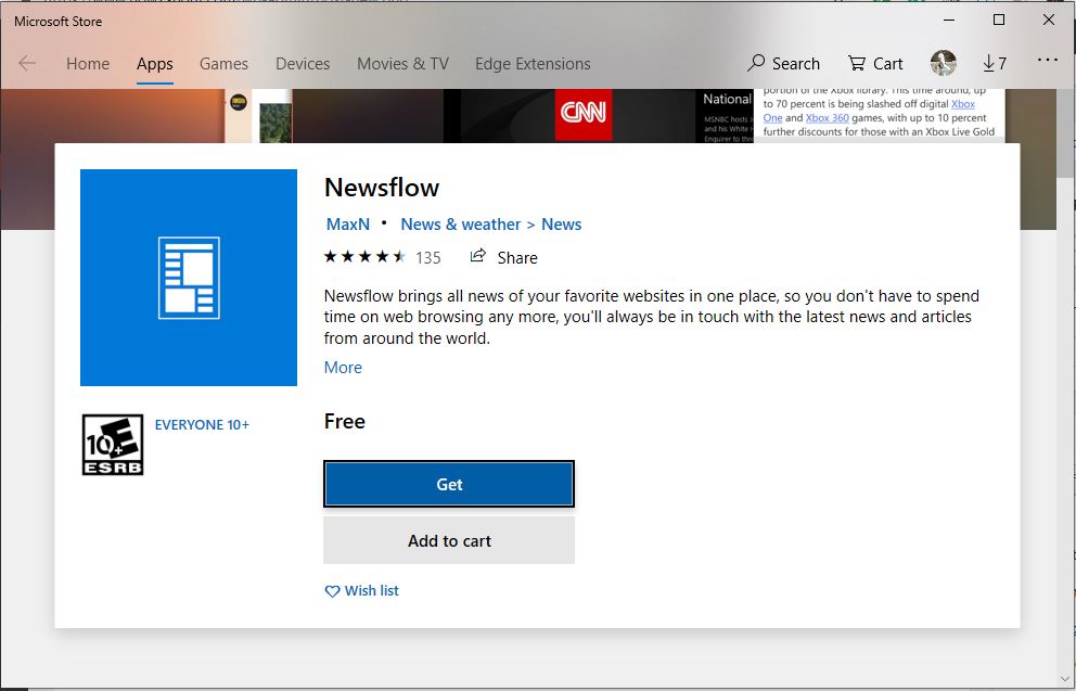 Newsflow app on Microsoft Windows 10