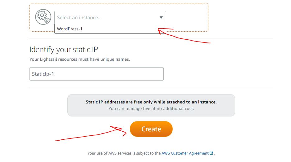 Select WordPress instance and create static IP address for the same