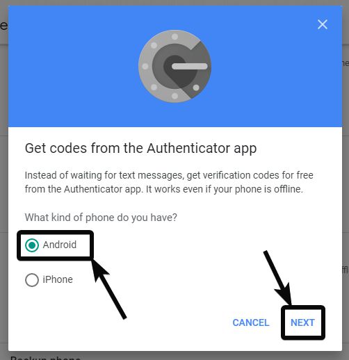 Select Android for Google Authenticator