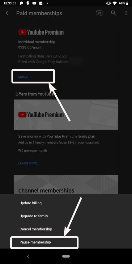 YouTube pause membership 4