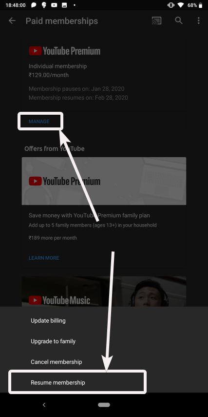 Resume pause YouTube membership 8