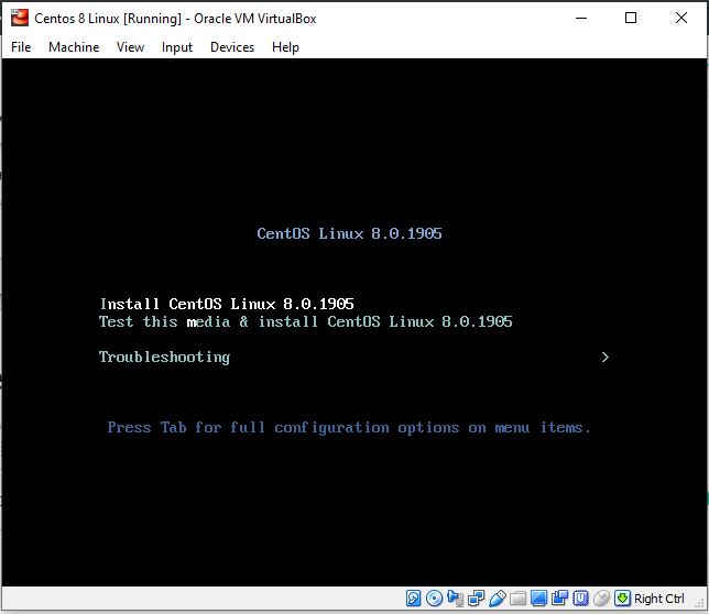 CentOS-Linux-8-Boot-menu on virtualbox