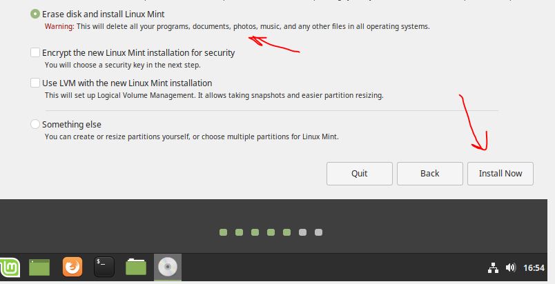 Erase disk and install Linux Mint