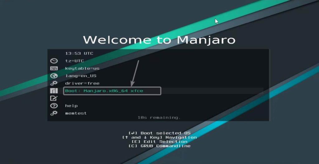  Boot Menu of Manjaro x86 64 Xfce