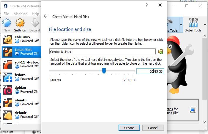 Size-of-Virtual-hard-drive for Centos 8 Virtualbox