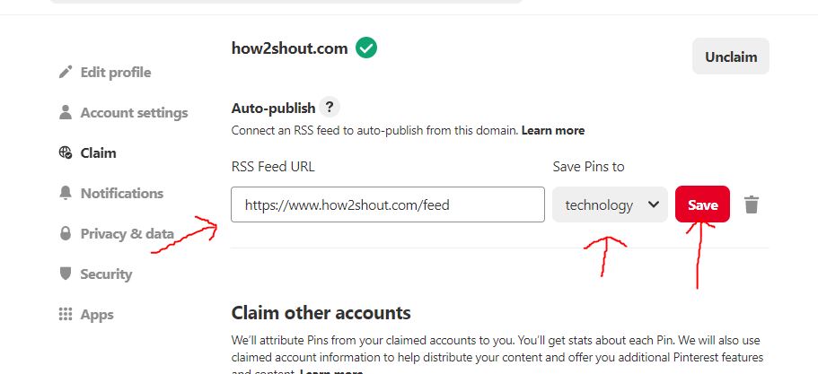 Add RSS feed URL in Pinterest