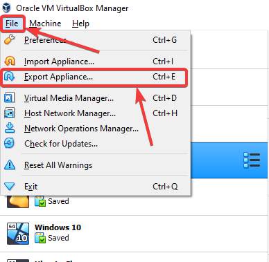 Export Appliance on Oracle VirtualBox