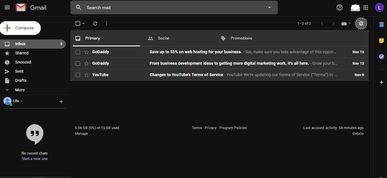 GMail appear in Dark colour mode