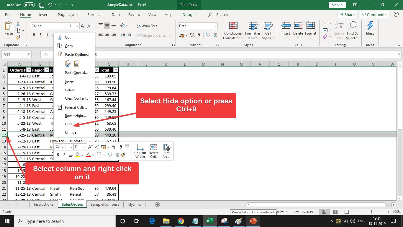 Hide entire column on Excel