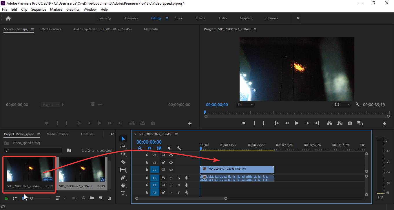 drag the video clip from the project area to the timeline
