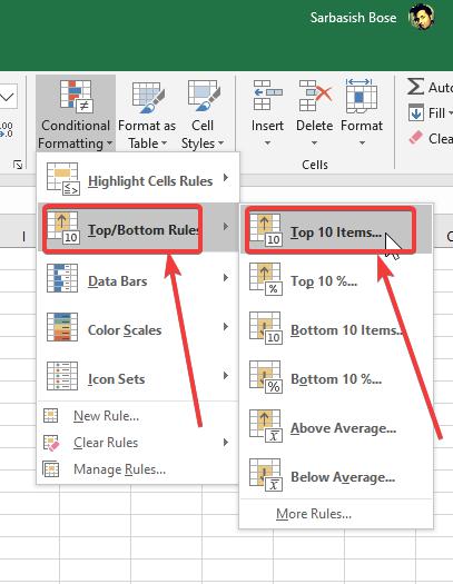 ‘Top/Bottom Rules’ under ‘Conditional Formatting’