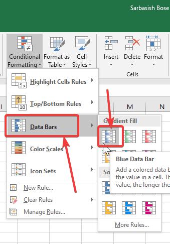 solid fill under ‘Data Bars’ under the ‘Conditional Formatting’ options.