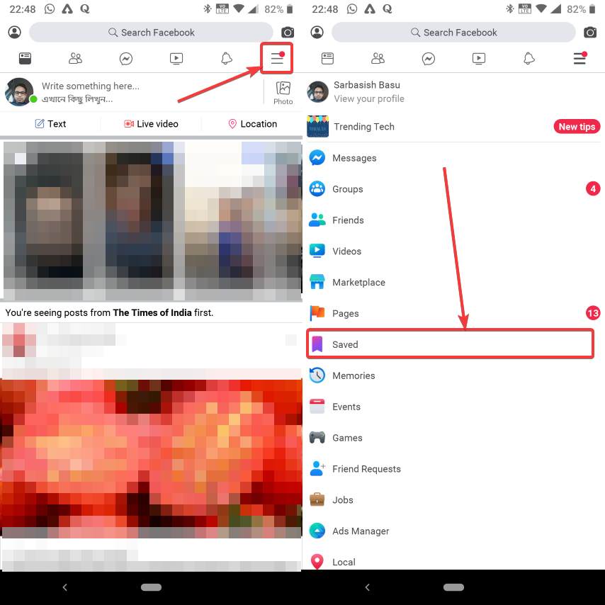 accessing Facebook bookmark links from mobile app