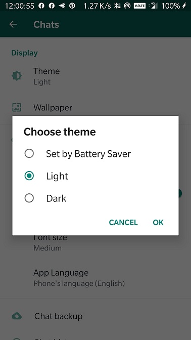 Select Dark or Light THeme whatsapp