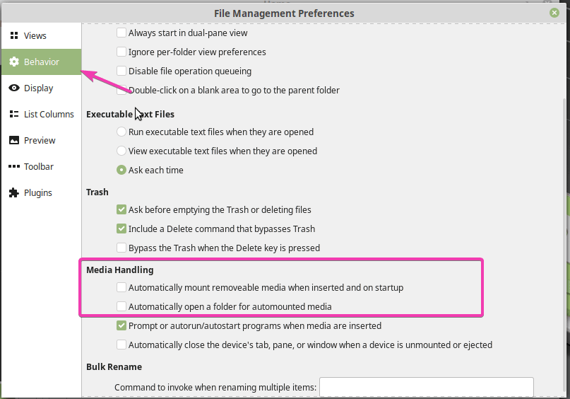 uncheck auto mounting and folder opening of USB drive in Linux mint -min