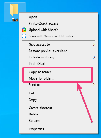 Copy to folder…’, and ‘Move to folder…’. in Windows 10 context menu