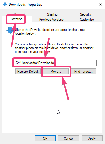 Change default downloads folder location on Windows 10 