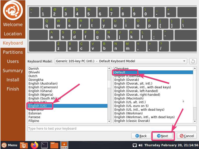 select the keyboard layout