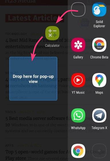 pop-up view from the Edge Panel in samsung