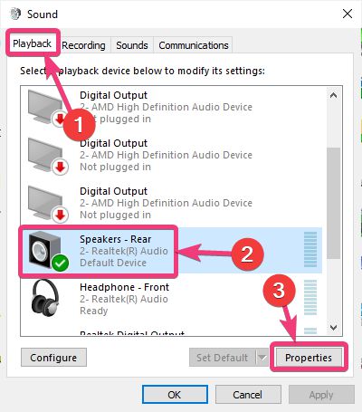Playback in Sound settings windows 7 or 10