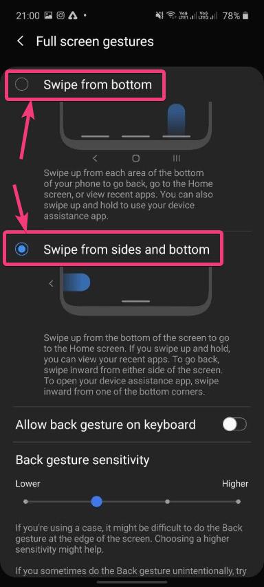 Samsung home gesture Swipe from bottom or from side and bottom