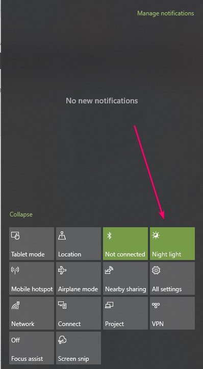 WIndows 10 notification center night mode option