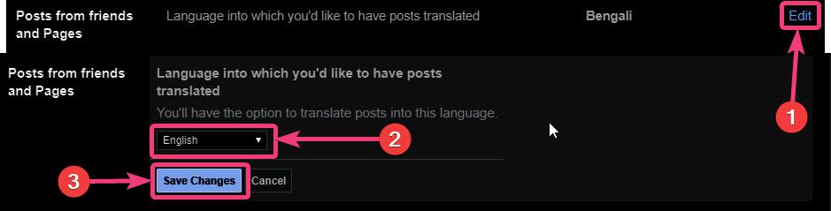 Change translation options on Facebook 