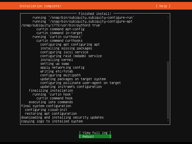 Ubuntu 20.04 server installed reboot