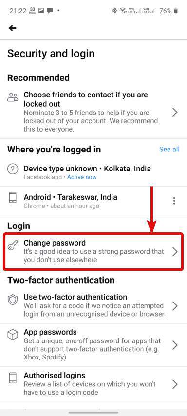 Security & Change Password using Facebook mobile app