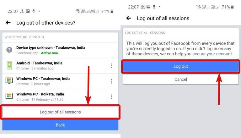 Log out of all sessions Facebook apps