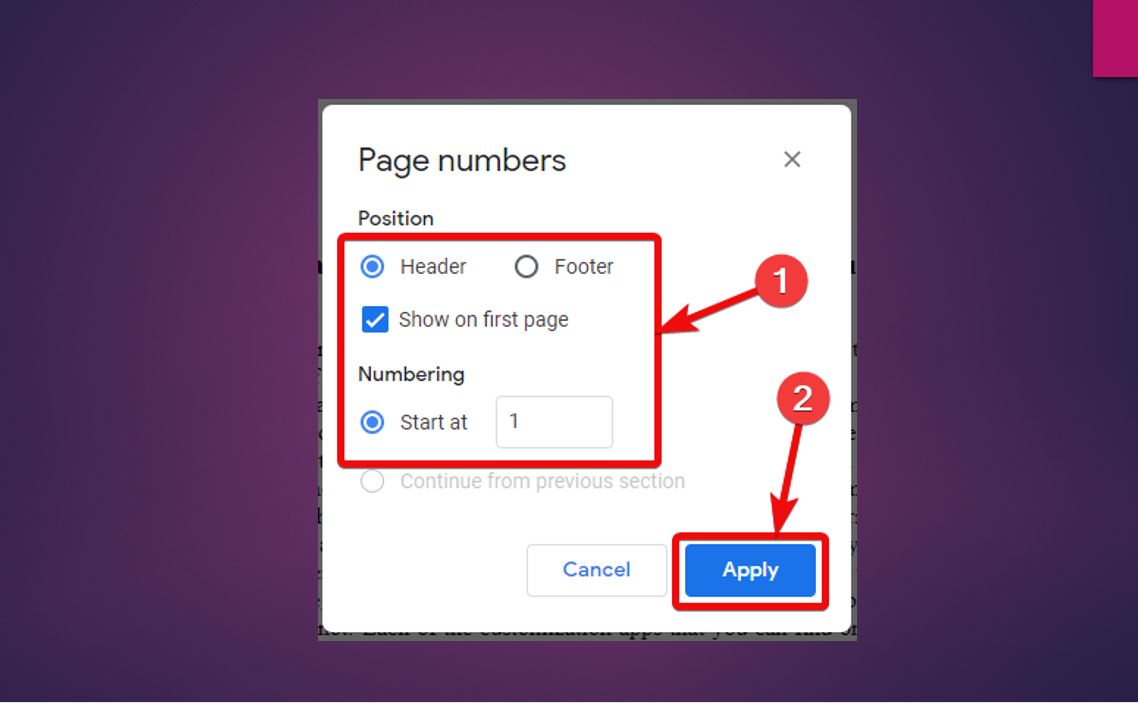Assigning numbers to pages on Google Docs